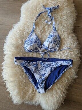 Bronte Blue And White Floral Bikini Halter Neck Swimwear Swimsuit Set US 6